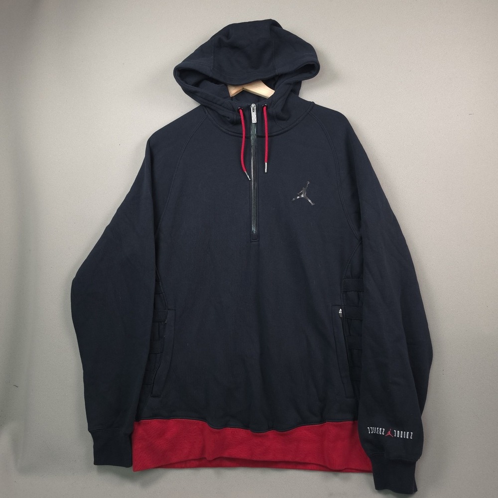 Nike Air Jordan Men's L Half Zip Hoodie Black Gym Red Jumpman Chrome Logo Fleece